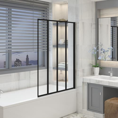 Aquariss 850 x 1400mm Black Over Bath Shower Screen 4 Folding Panel | Brass Hinge, 4mm Toughened Safety Glass, Easy Clean Coating, 180 Pivot, Reversible, 4 Fold Bath Screen for Straight Baths