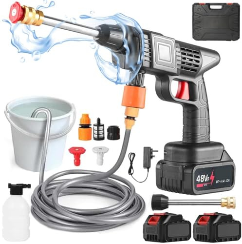 Idropulitrice Portatile ad Alta Pressione con Doppia Batteria 48V, Valigetta, Ugelli Regolazione Getto, Serbatoio per Detergente e Caricabatterie, Ideale per Pulire Moto, Auto, Giardino, Balcone