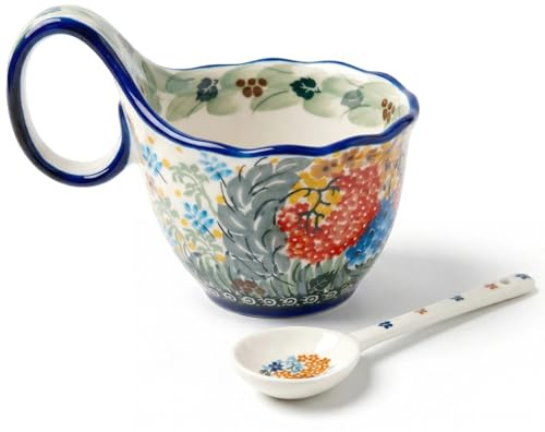 Soppskål, 445 ml blommiga keramiska soppkoppar med sked elegant polerad keramikstil flingskål med handtag för glass, mellanmål, gryta, frukost kök.