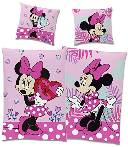 Disney Minnie Mouse Flanell Kinder Wende-Bettwäsche Herz Pink Rosa 135 x 200 cm + 80 x 80 cm mit YKK-Reißverschluss 100% Baumwolle Biber Minnie Maus Disney Mickey Maus Sweet Love Deutsche Größe