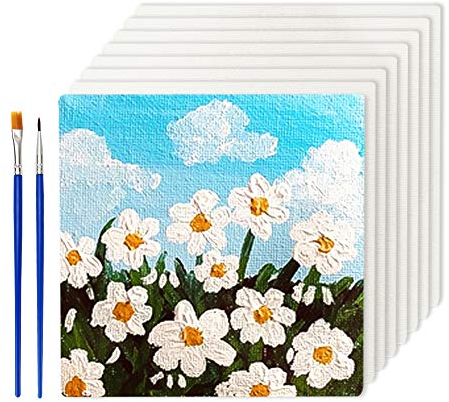 SwirlColor Toile Peinture Vierge 10x10 Panneaux de Toile Blanche pour Peinture Dessin, avec Pinceaux de Peinture 2pcs (8)