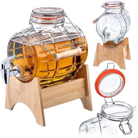 KADAX Barile con Rubinetto, Dispenser per Bevande a forma di Bocca, Dispenser in Vetro, Dispenser trasparente con Base in Legno, Dispenser per Whisky, brandy (3 l)