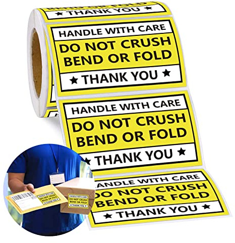 Do not Crush Bend or Fold Warning Sticker 2X3 inch Yellow Handle with Care Shipping Warning Stickers Do Not Bend Fragile Mailing Shipping Warning Labels for Packages Boxes Inventory 300 Pcs Per Roll