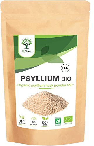 Psyllium Blond Bio - Bioptimal - Teguments de Psyllium en Poudre Fine - Husk Powder - Superaliment - Digestion Transit Coupe Faim - Origine Inde - Conditionné en France - Certifié Ecocert - 1 kg