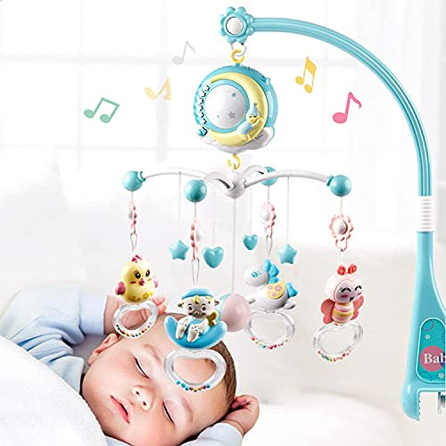 Mobiles pour Lit de Bébé Clochette Jouet Musical avec Hochet Suspendu Projecteur Veilleuse Boîte à Musique Jouet Rotatif pour Nouveau-nés avec Télécommande