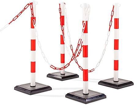 Steinbock Kettenständer 4 Stück | HxBxT 90 x 28 x 28 mm | 12,5 m Kettenlänge | Rot/Weiß | betongefüllte Fußplatte | Absperren von Innen- und Außenbereichen | standsicherer Ketten-Warnständer