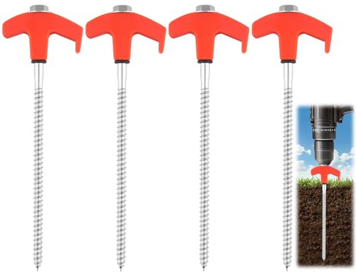 4 Stück Drehbare Zeltheringe mit Gewinde, Camping Zeltheringe, Zeltheringe - robuste Stahl-Heringe mit Gewinde und Seil-Halterung, Erdnägel Stabil Harter Boden Schraubheringe für Camping (Rot)