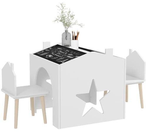 AIYAPLAY Set da 3 Pezzi con 2 Sedie per Bambini e Tavolino con Lavagna, Mobili per Bambini per Cameretta e Asilo, Età 3-8 Anni, Bianco