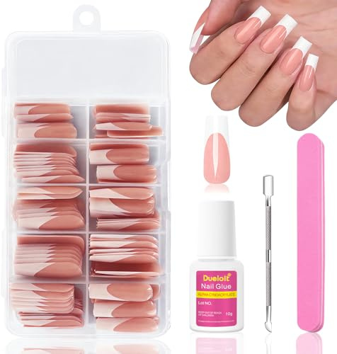 Ceboic 120 Pezzi Unghie Finte Francese, Quadrate Lunghe French Tip Press on Nails Copertura Completa Unghie Artificiali, Naturale Nude Rosa Acrilico Unghie Finte Adesive per Donna Ragazze Nail Art