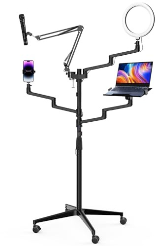 WilTec Trépied de Bras 4 en 1 pour Streaming – 99,6 x 15,2 x 143 cm – Support sur Rouleaux 1 Perche Micro + 3 Bras articulés pour caméra, lumière annulaire et Moniteur/Ordinateur – Statif Diffusion