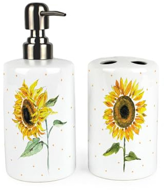 Sunflowers Bathroom Accessories Set - Yellow Flowers & Polka Dots Refillable Ceramic Soap Dispenser & Toothbrush Holder - Floral Washrooom Home Gift Set of 2