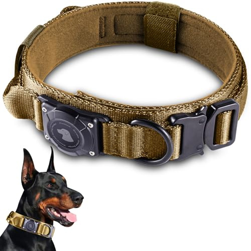 2026 Upgrade Waterproof AirTag Dog Collar, Military Tactical Dog Collar with AirTag Holder, Comfortable Control Handle and Metal Buckle, GPS Dog Collar Holder for Medium to Large Dogs (Khaki,L)
