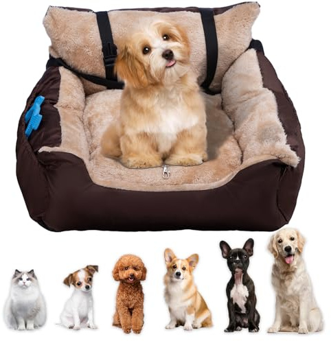 Supernic Dog Car Seat for Small Dogs & Cats, Cosy Pet Travel Bed with Safety Leash, Storage Pocket & Non-Slip Base, Ideal Car Dog Seat for Secure Travel (Brown, 50x50x20cm)