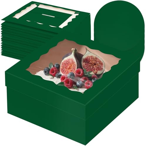 Gcardist 12x12x6 Inch Cake Box, 5 Sets Deep Green Cake Box with Window & 5 Sets 12 Inch Deep Green Cake Round Boards, Cake Containers(30.5x30.5x15.2cm)