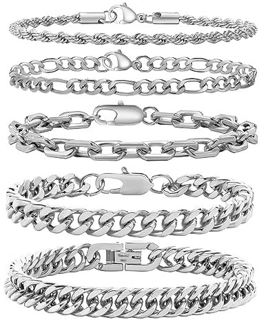 Armband Herren Silber Edelstahl 5 Stücke - Herrenarmbänder Panzerkette Figaro Gliederarmband Herren Armband Set für Jungs Männer Geschenk für Papa Sohn Bruder Ehemann 19/21/23 cm (Silber, 19 cm)