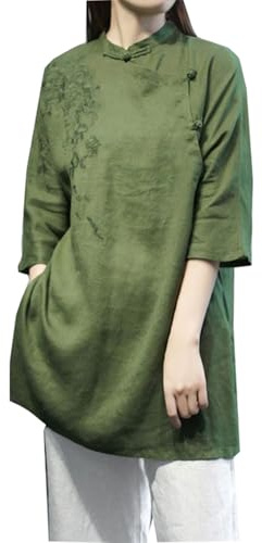PRINCESS BRIDE Blusa de Verano de Algodón y Lino con Botones de Rana Hanfu Retro Bordada Tops Traje Tang Camiseta Ropa de Té Ropa de Meditación Zen para Mujeres, verde, M-L