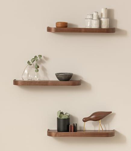 KAZAI.® Mensole da Muro Set 'Toke' | 3 Mensola da Parete in Impiallacciato di Legno Vero | Scaffale in Legno Design per Decorazione e Organizzazione Bagno, Soggiorno, Cucina, Camera | Noce
