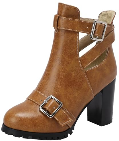 XIEPP Eleganti stivaletti estivi da donna con scollatura, stivaletti con tacco a blocco e slip-on, marrone, 45 EU