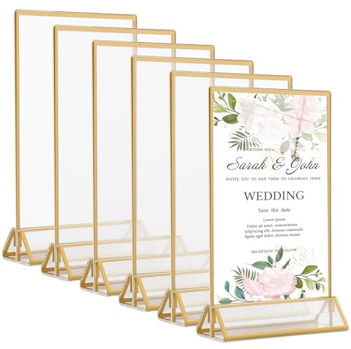 Marcos de fotos dorados de doble cara, expositores de mesa acrílicos A5 (6 unidades), portanúmeros de mesa acrílicos dorados, marcos de fotos dorados para menús, fotos, bodas, publicidad y recepciones