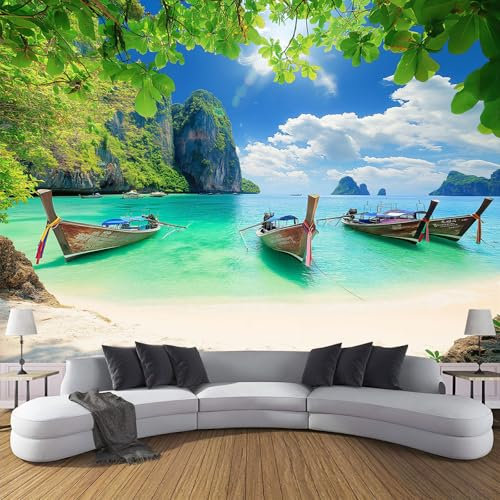 MIATCENRT Beach Boat Wallpaper Wall Mural, 3D Effect Textured Sky Views Photo Wallpaper, 250x175cm (WxH) Silk Cloth Art Roll Wallpapers Wall Covering, for Living Room Bedroom