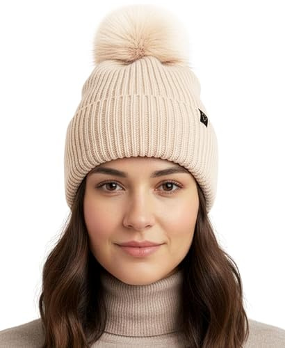 Funky Junque Womens Ribbed Knit Pom Pom Beanie - Beige
