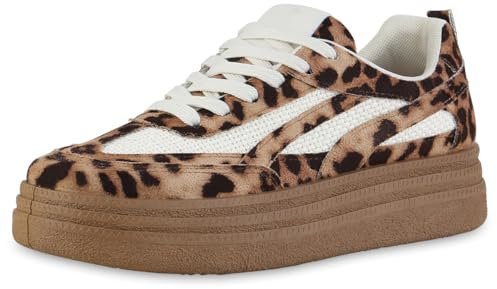 VAN HILL Damen Plateau Sneaker Plateau Basic Bequem Schuhe 216615 Hellbraun Leo 40