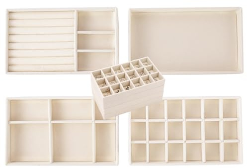 Cecijelry Organizer Gioielli da Cassetto, Vassoio Contenitori Gioielli Velluto, Divisori per Cassetti Gioielli e Bigiotteria Espositore Piatto Impilabile per Anelli Collane Accessori (Beige)