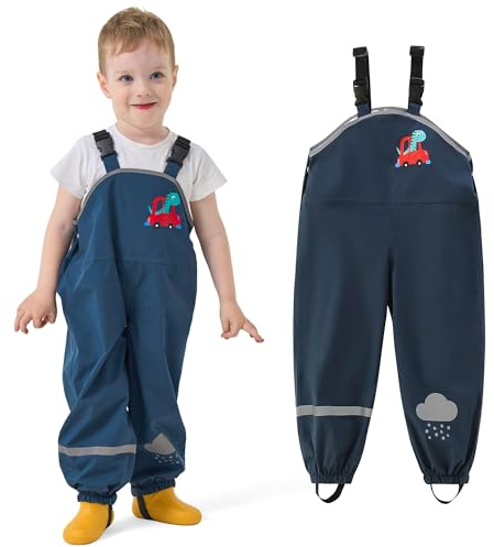 JinBei Pantalones Impermeables Niños Ligero Pantalón Barro Tirante Ajustable Pantalone de Lluvia con Tiras Reflectante Peto de Lluvia Infantil Impermeabili Ropa Azul Marino, Edad 2-3 Años