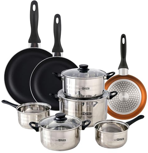 Urban Cook Set de Batería de cocina de 8pc en acero inoxidable + 3 Sartenes Ø16Ø20Ø24cm Bronce metalizado en aluminio prensado