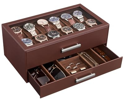 ProCase Coffret Montres 12 Emplacements avec Tiroirs Coulissants Superposés, Boîte à Montres avec Couvercle Transparent, Rangement Élégant pour Montres et Accessoires -Brun Café