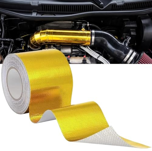 Gusmigus 10m x 5cm Bande Thermique Echappement Doré Ruban Adhésif Aluminium Isolant Haute Temperature Autoadhesif Heat Shield pour Tuyau Voiture Moteur