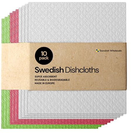 Swedish Wholesale Dishcloths Reusable 8 x 7 Sponge Cloths, Bulk 10 Pack of High Absorbent Cellulose Dish & Kitchen Cleaning Hand Towels, Wring to Dry & Machine Wash, Odor Resistant, Assorted Colors