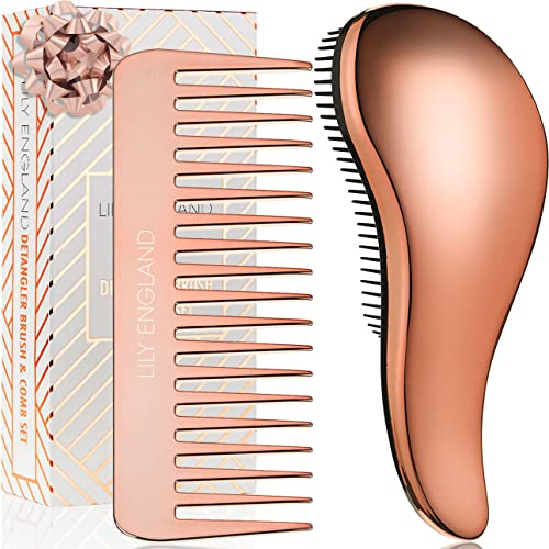 Haarbürste ohne Ziepen und Lockenkamm Set - Roségold Entwirrbürste und Kamm für Locken, Glattes, Dickes, Dünnes Haar - Die Perfekte Detangler Bürste und Kamm für Frauen und Kinder von Lily England