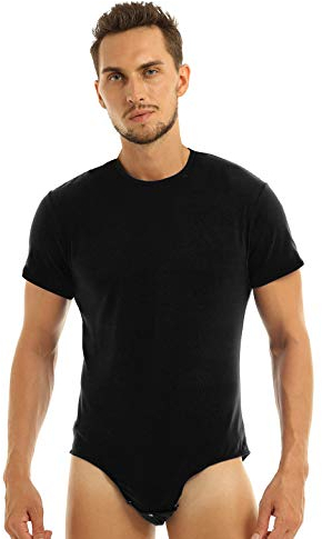 Yeahdor Herren Body Einteiler Overall Kurzarm Bodysuit Sportbody Unterhemd mit Knöpfen Sport Shirt Unterwäsche Clubwear A Schwarz A XL
