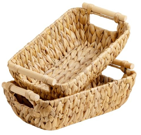 StorageWorks Hand-Woven Small Wicker Baskets, Water Hyacinth Storage Baskets with Wooden Handles, 2-Pack