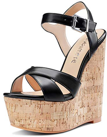 Castamere Escarpins Wedge Femme Bout Ouvert Sandale Cale Bride Cheville Slingback Plateforme Talon Noir PU Chaussures EU 43
