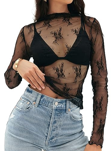 MEROKEETY Womens 2025 Lace Mesh Sheer Long Sleeve Top Sexy Y2k Mock Neck See Through Shirt Blouses, Black, X-Large