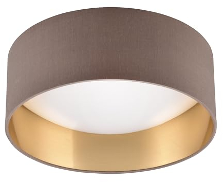 Reality Leuchten LED Deckenleuchte Locarno R64191141, Kunststoff Weiß, Schirm Stoff Taupe/goldfarbig, inkl. 12 Watt LED