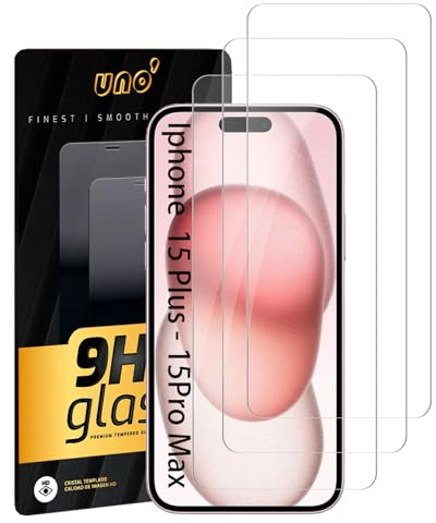 UNO' - 3 Ud De Protector de Pantalla Para Iphone 15 Plus/Iphone 15 Pro Max (6.7) Anti-huella, Antiarañazos, Dureza superficial 9H, Sin Burbujas, Ultra Resistent, Ultra Transparente.