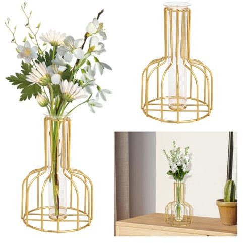 Koonafy Test Tube Vase for Flowers, Glass Vase with Metal Stand Racks, Wine Bottle Style Centerpiece Plant Vase Hydroponic Holder Display for Wedding Table Office Living Room Decor (Golden)