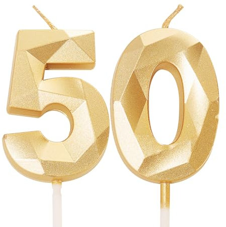 Gold 50 Birthday Candles - 50th Candles for Cake, Cake Toppers for 50 Year Olds