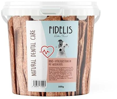 Fidelis - Vital tuggstång nötkött med vild laxolja - funktionella tandvårdssnacks för hundar 500 g hink - Lufttorkad tillverkad av 100 % naturliga råvaror - Hundgodis som mellanmål för tandhygien