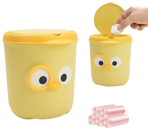 IBEQUEM Mini Desktop Trash Can, Cute Small Trash bin with Lid, Countertop Waste Bin with 6 Rolls of Bin Liners, Portable Tabletop Dustbin, Cartoon Bird Rubbish Storage for Office Bedroom Car (Yellow)