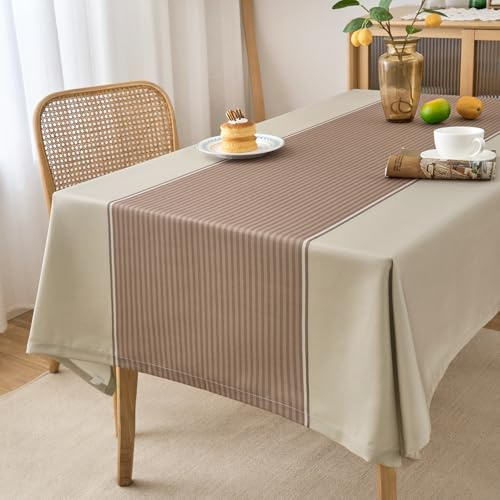 Tovaglia Antimacchia Rettangolare 100x140 Strisce Beige Tovaglia Moderna Impermeabile Plastificata Poliestere Copri Tavolo da Interno Elegante per Cucina Ristorante Giardino Esterno Feste