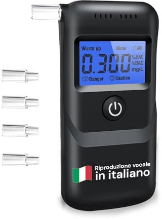 Avilia - Etilometro Portatile Certificato CE ad Alta Precisione - Uso Professionale e Personale con Display LCD Blu, 5 Boccagli Inclusi, Guida Vocale in Italiano, Facile da Usare e da Trasportare