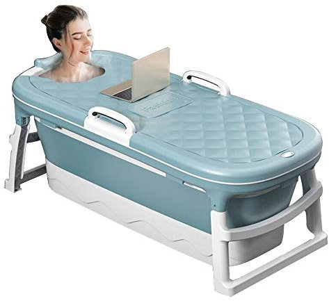 Vasca da bagno portatile per adulti, autoportante, in plastica blu, design salvaspazio, stile rustico, compatta, 138 x 62 x 52 cm, ideale per spa domestica, relax e comfort
