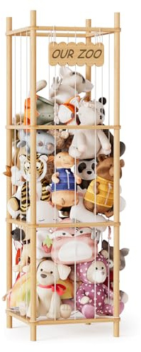 SpaceAid Stuffed Animal Storage Organizer, Wood Animals Zoo Toy Plushies Storage Holder, Large Capacity Plush Toy Cage for Playroom Organization, 15.8 Wide, Natural
