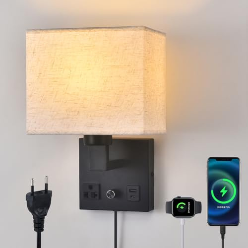 CNMYKYDS Sängbord för sovrum, vägglampa att koppla in - Steglöst dimmbar strömbrytare med vägguttag och USB-port - Lampskärm i tyg - Svart vägglampa för vardagsrummet