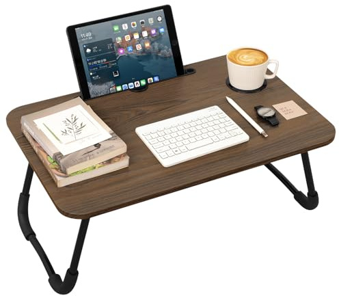 Fällbart laptopbord, bärbart träsängbord med kopphållare och surfplatta, fällbart laptopbord för soffa, soffa, golv, för läsning, skrivning, mat, titta på filmer, rustik brunt