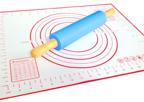 Ruayia Nudelholz mit Backmatte,Metallachse Silikon Teigroller Backzubehör Backrolle mit nicht klebend Silikon Teigroller Holzgriff - Blau